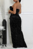 Black Sexy Party Formal Solid Color Sequins Slit Irregular Strapless Long Dresses