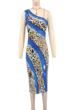 Blue Sexy Print Patchwork Oblique Collar Long Dresses