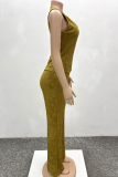 Brown Green Casual Patchwork O Neck Sleeveless Two Pieces