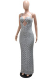 Grey Sexy Party Formal Patchwork Sequins Backless Spaghetti Strap Long Dresses