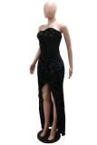 Black Sexy Party Formal Solid Color Sequins Slit Irregular Strapless Long Dresses