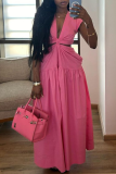 Pink Elegant Solid Color Hollow Out Ruched Deep V Neck Long Dresses