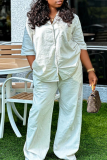 White Casual Solid Color Pocket Buckle Turndown Collar Half Sleeve Two Pieces