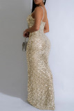 Grey Sexy Party Formal Patchwork Sequins Backless Spaghetti Strap Long Dresses
