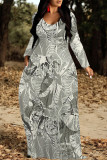 White Orange Casual Geometric Print Pocket Contrast O Neck Printed Dresses