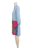 Blue Casual Print Buckle Patchwork Button Collar Long Dresses