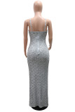 Grey Sexy Party Formal Patchwork Sequins Backless Spaghetti Strap Long Dresses