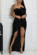 Black Sexy Party Formal Solid Color Sequins Slit Irregular Strapless Long Dresses