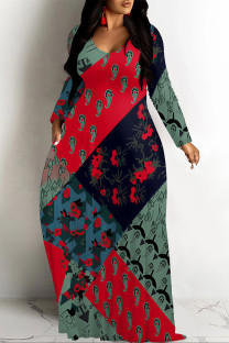 Red Green Casual National Totem Print Pocket Contrast O Neck Printed Dresses
