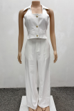 White Casual Solid Color Buttons Turndown Collar Sleeveless Two Pieces