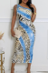 Blue Sexy Print Patchwork Oblique Collar Long Dresses