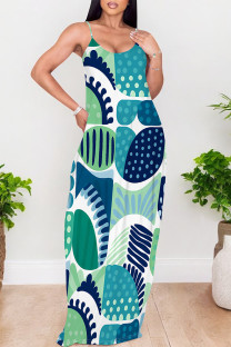 Green Blue Sexy Graffiti Print Pocket Contrast V Neck Printed Dresses