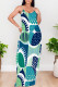 Green Blue Sexy Graffiti Print Pocket Contrast V Neck Printed Dresses