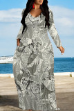 White Orange Casual Geometric Print Pocket Contrast O Neck Printed Dresses