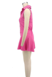 Pink Sexy Solid Color Buckle Patchwork Turndown Collar Boot Cut Rompers