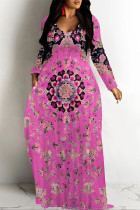 Rose Red Casual National Totem Print Pocket Contrast O Neck Printed Dresses