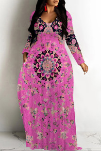 Rose Red Casual National Totem Print Pocket Contrast O Neck Printed Dresses