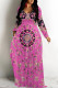 Rose Red Casual National Totem Print Pocket Contrast O Neck Printed Dresses