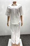 White Casual Solid Color Pocket Buckle Turndown Collar Half Sleeve Two Pieces