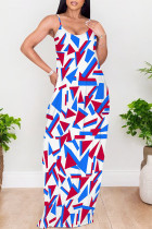 Red Blue Sexy Floral Print The stars Pocket Contrast V Neck Printed Dresses