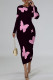 Pink Elegant Graffiti Print Butterfly Contrast O Neck Printed Dresses