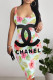 Black White Sexy Letter Print Flowers Contrast U Neck Printed Dresses