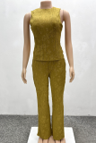 Brown Green Casual Patchwork O Neck Sleeveless Two Pieces