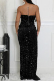 Black Sexy Party Formal Solid Color Sequins Slit Irregular Strapless Long Dresses