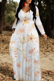 White Orange Casual Geometric Print Pocket Contrast O Neck Printed Dresses