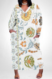 White Elegant Floral Print Pocket Contrast V Neck Printed Plus Size Dresses