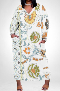 White Elegant Floral Print Pocket Contrast V Neck Printed Plus Size Dresses