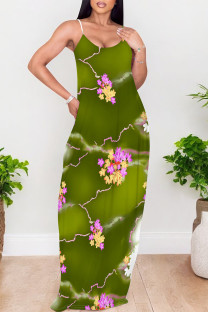 Green Sexy Floral Print The stars Pocket Contrast V Neck Printed Dresses