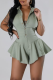 Green Sexy Solid Color Buckle Patchwork Turndown Collar Boot Cut Rompers