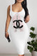Powder White Sexy Letter Print Flowers Contrast U Neck Printed Dresses