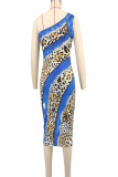 Blue Sexy Print Patchwork Oblique Collar Long Dresses