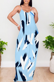 Light Blue Sexy Floral Print The stars Pocket Contrast V Neck Printed Dresses