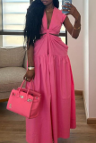 Pink Elegant Solid Color Hollow Out Ruched Deep V Neck Long Dresses