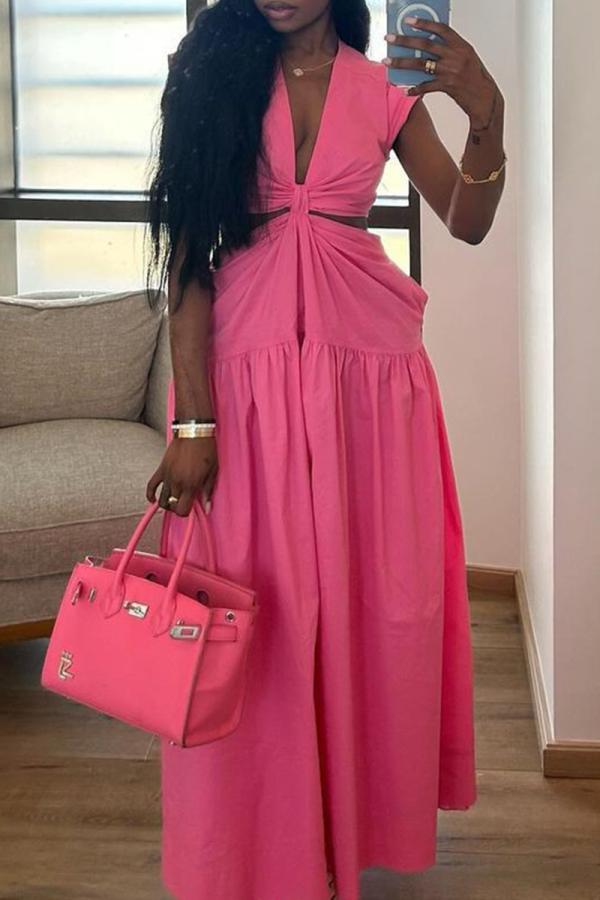 Pink Elegant Solid Color Hollow Out Ruched Deep V Neck Long Dresses