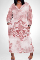 Pink Casual Floral Print Pocket Contrast V Neck Printed Plus Size Dresses