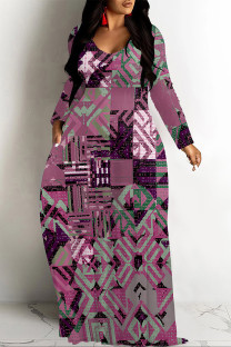 Purple Casual National Totem Print Pocket Contrast O Neck Printed Dresses