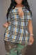 Yellow Blue Casual Plaid Flowers Contrast V Neck T-Shirts