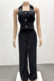 White Casual Solid Color Buttons Turndown Collar Sleeveless Two Pieces