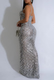 Grey Sexy Party Formal Patchwork Sequins Backless Spaghetti Strap Long Dresses