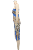Blue Sexy Print Patchwork Oblique Collar Long Dresses