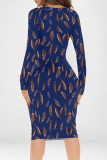 Lake Blue Elegant Graffiti Print Contrast V Neck Printed Dresses