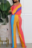 Rainbow Color Casual Colorblock Patchwork Oblique Collar Short Sleeve Two Pieces