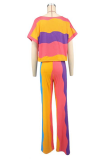 Rainbow Color Casual Colorblock Patchwork Oblique Collar Short Sleeve Two Pieces
