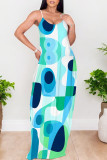 Green Blue Sexy Graffiti Print Pocket Contrast V Neck Printed Dresses