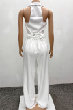 White Casual Solid Color Buttons Turndown Collar Sleeveless Two Pieces