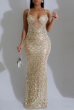 Grey Sexy Party Formal Patchwork Sequins Backless Spaghetti Strap Long Dresses
